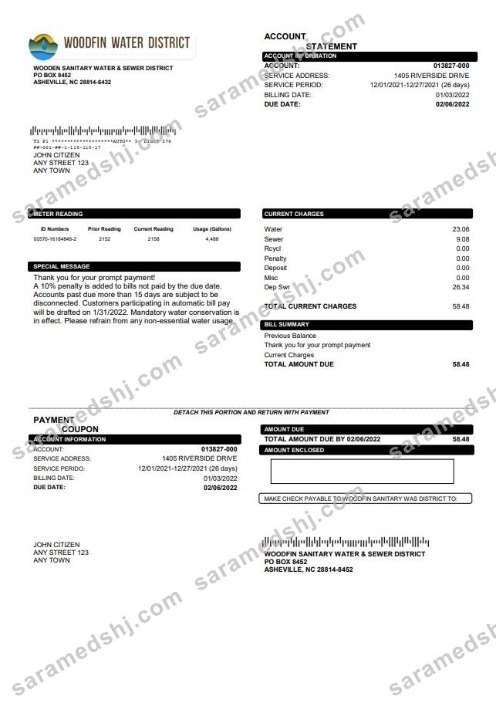USA North Carolina Woodfin Sanitary Water & Sewer District utility bill template in Word and PDF format